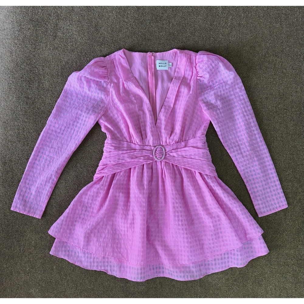Hello Molly First Impressions Mini Dress XL US 10 V-Neck Belt Buckle Long Sleeve - Picture 4 of 14